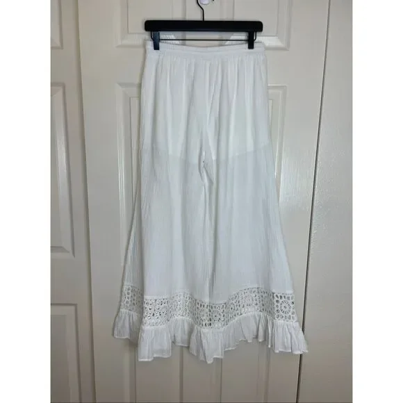 Mahina Lace Inlet Wide Leg Ruffle Trim Beach Lounge Pants White Size Large - Picture 3 of 11
